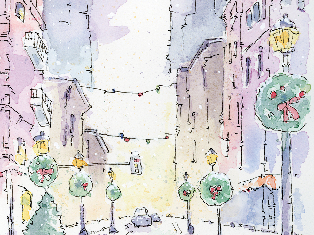 A watercolour and ink painting of a snowy city street decorated for the holidays, with glowing lamps, festive wreaths, and soft winter colours.