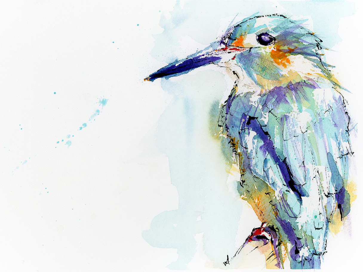 A loose watercolour and ink bird painting in soft blues and purples, capturing a quiet pause in nature.