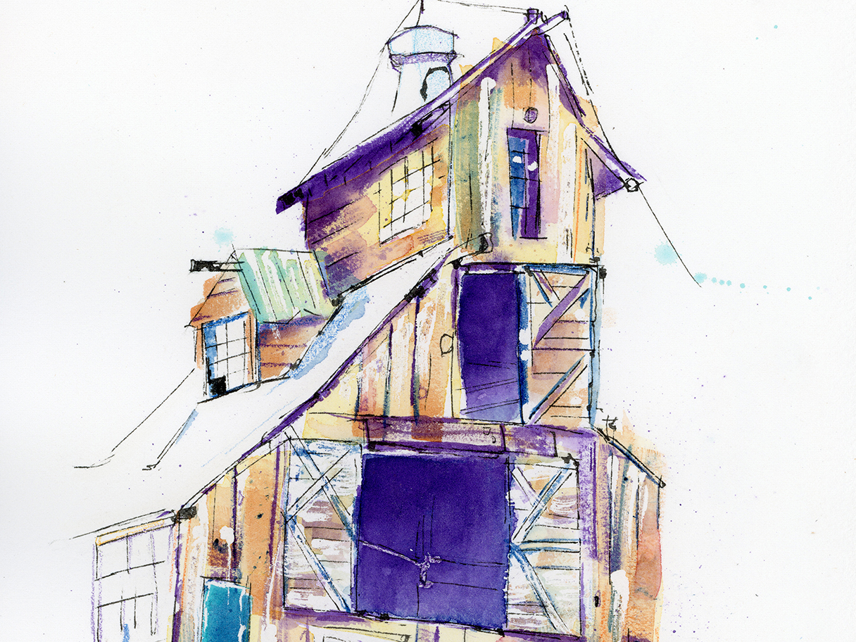 A watercolour and ink painting of a weathered wooden building, reflecting resilience, steadiness, and the quiet strength found in things that endure.